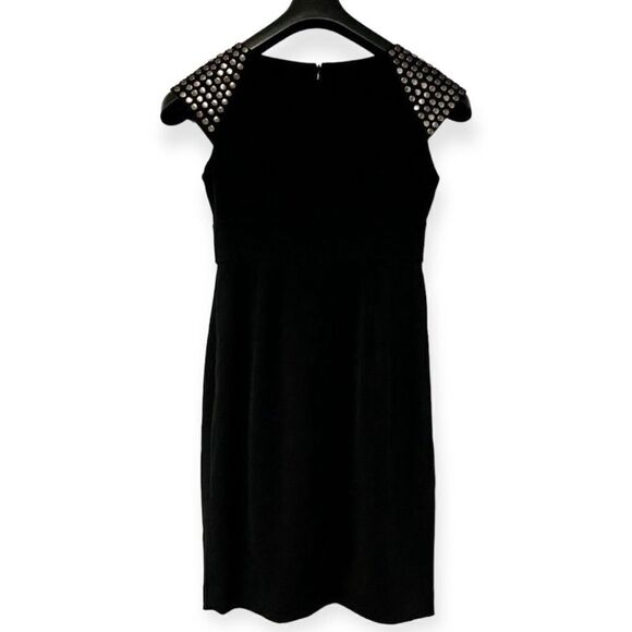 MAGGY LONDON Black Studded Faux Wrap Front Fitted Dress Size 4P - Picture 3 of 7